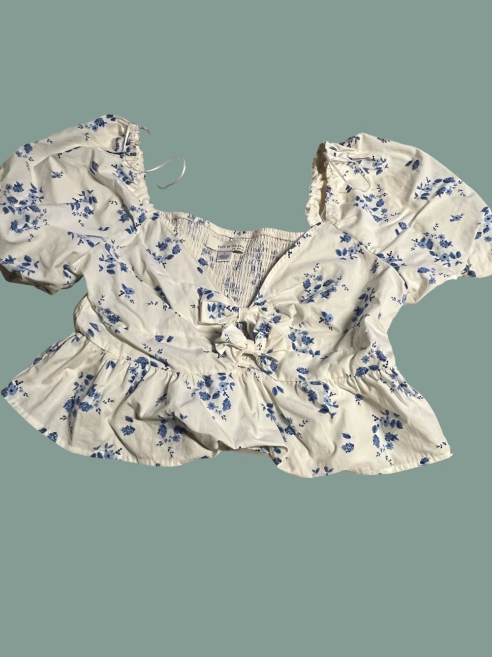 White & Blue Floral Tie-Front Puff Sleeve Blouse